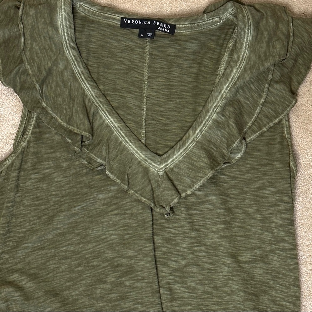 Veronica Beard Ellerie Ruffled Sleeveless Olive V-Neck Soft Pima Cotton Top Sz M - Picture 4 of 11